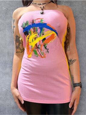 Women’s Pink Strapless Art-Print Tube Top